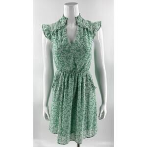 Monteau Dress Size Small Green Purple Floral Ruffle Pockets Lined Womens